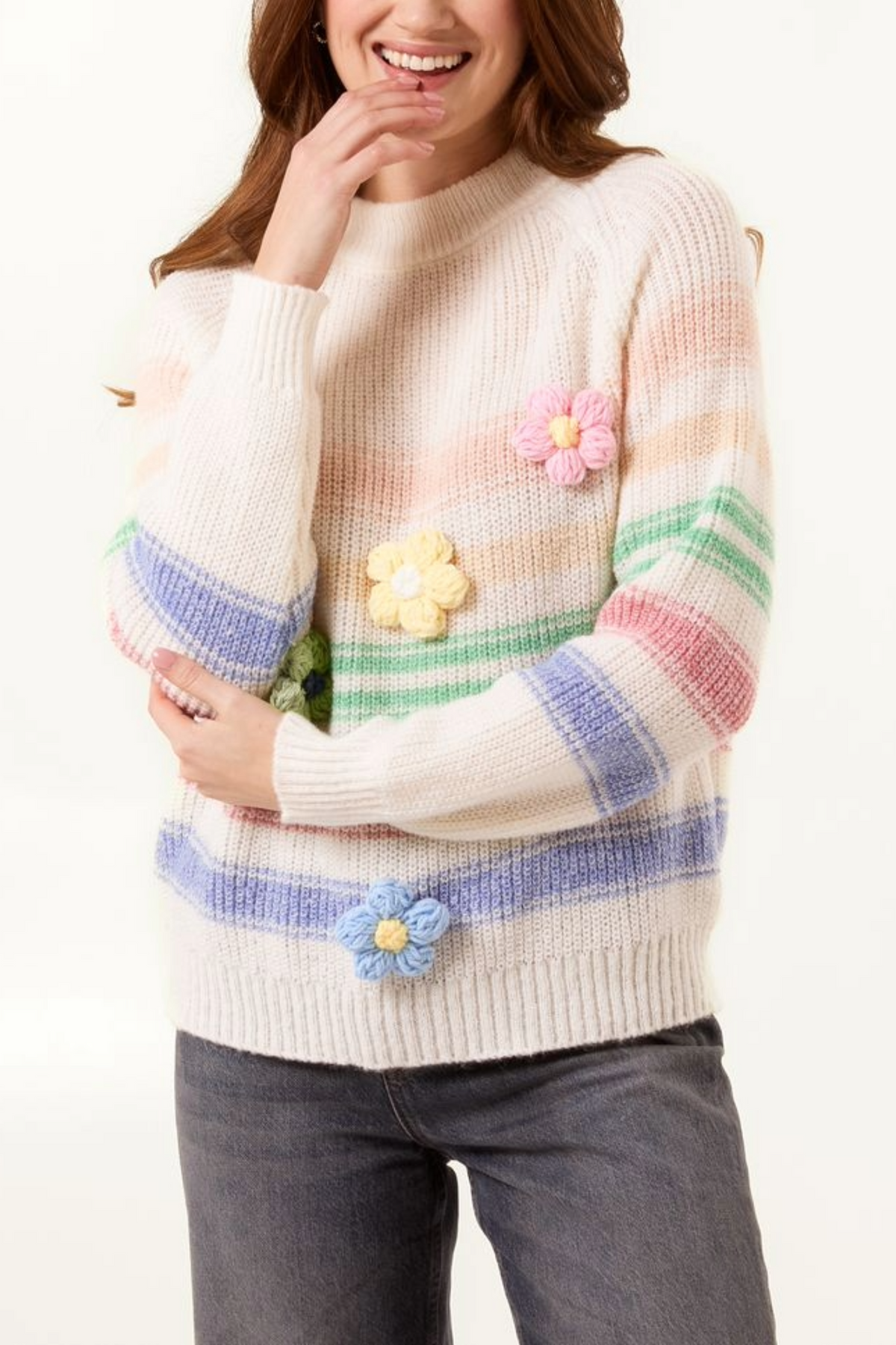 Knitted Flower Striped Jumper