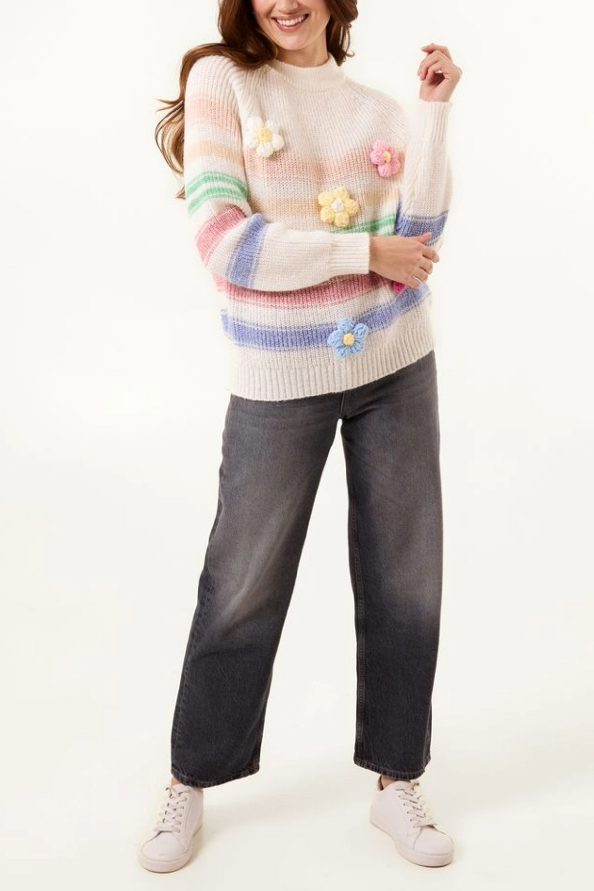 Knitted Flower Striped Jumper