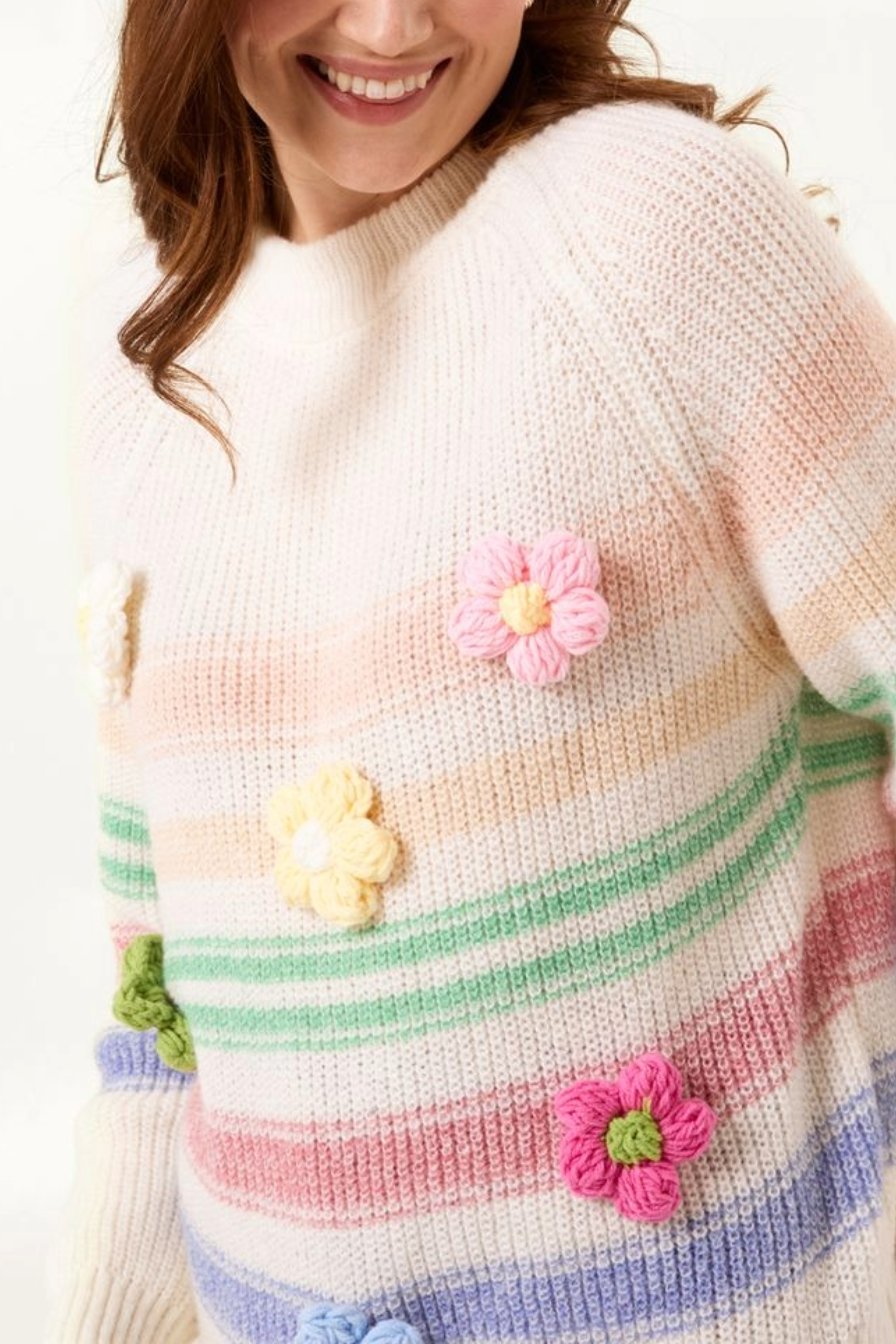 Knitted Flower Striped Jumper