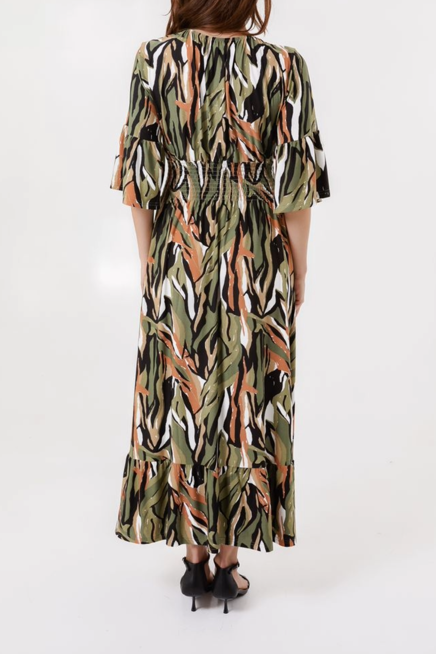 Abstract Print V-Neck Shirred Waist Midi Dress