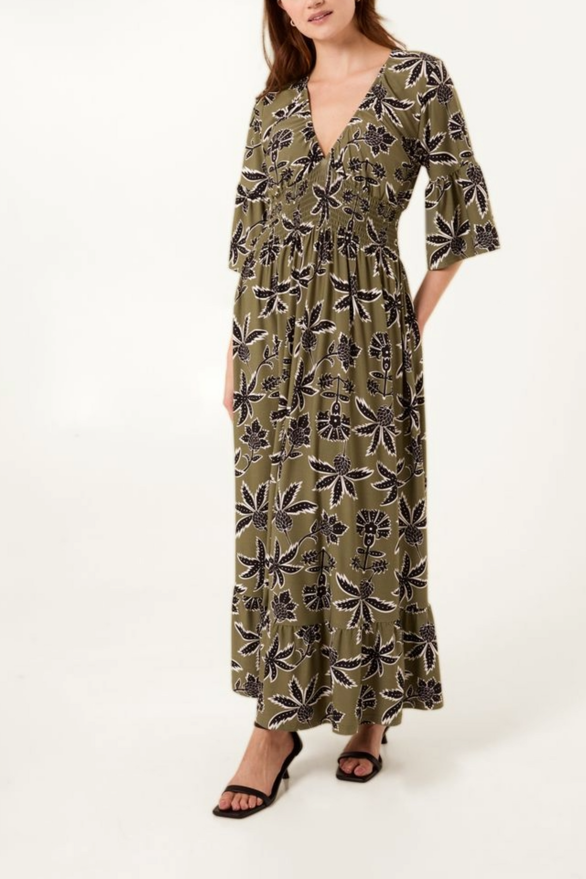 Leaf Print V-Neck Shirred Waist Midi Dress