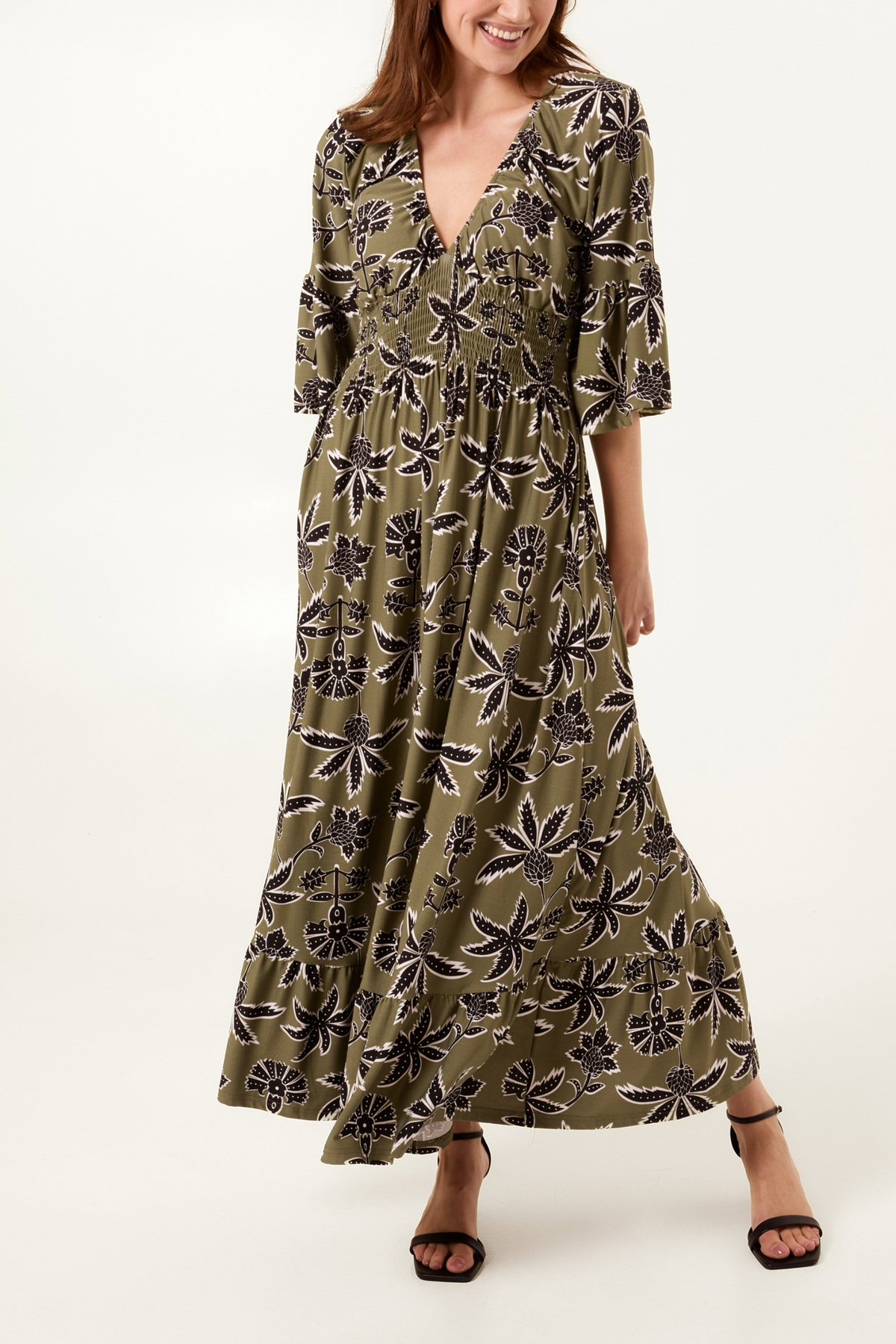 Leaf Print V-Neck Shirred Waist Midi Dress