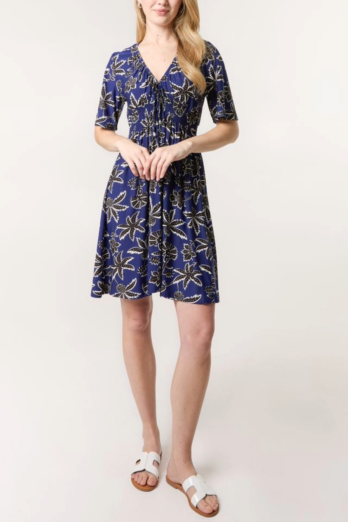 Leaf Print Shirred Waist V-Neck Mini Dress