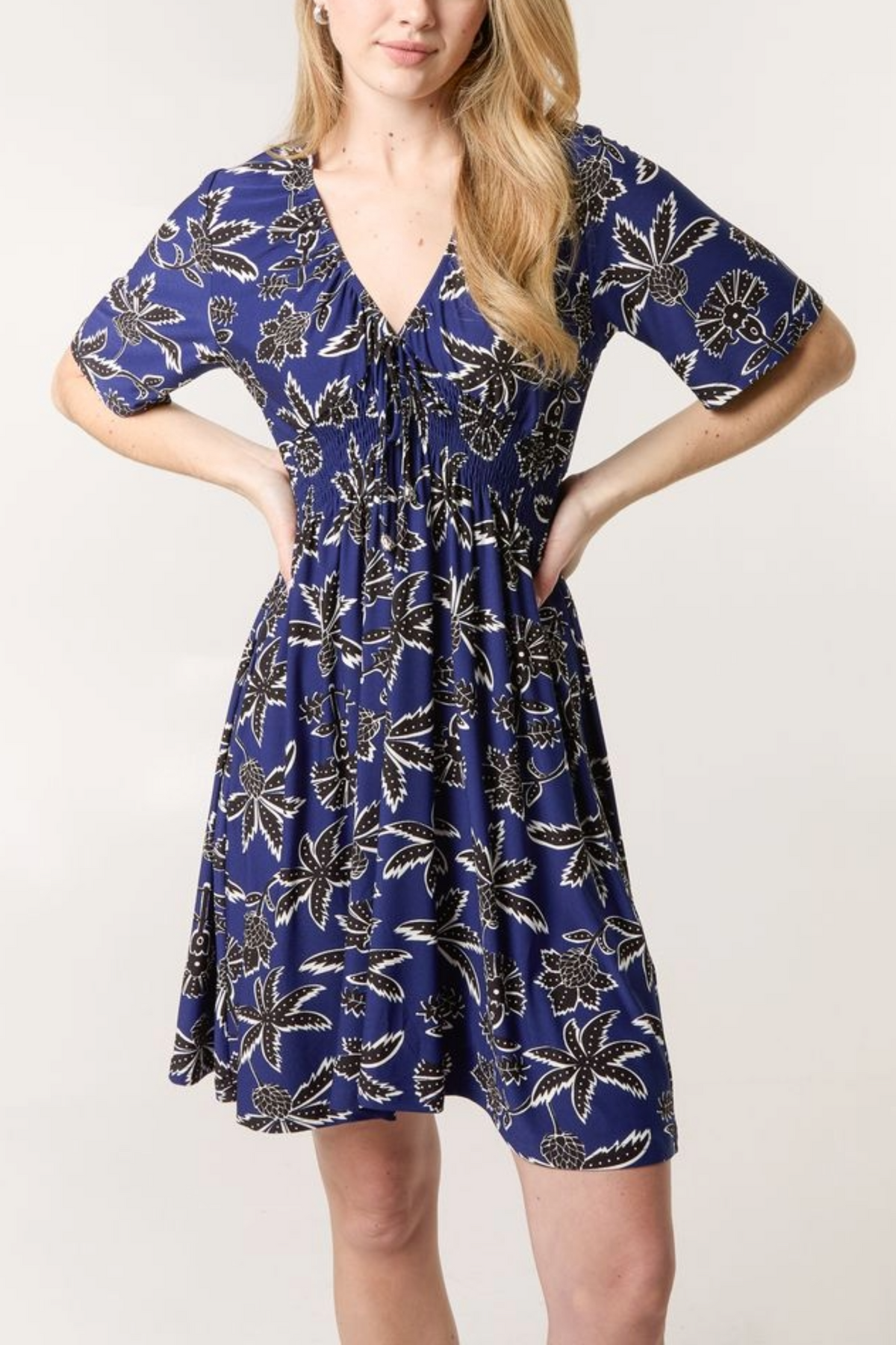 Leaf Print Shirred Waist V-Neck Mini Dress