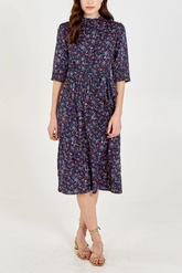 Floral Button Up Shirred Neck Midi Dress