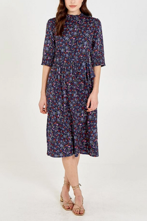 Floral Button Up Shirred Neck Midi Dress