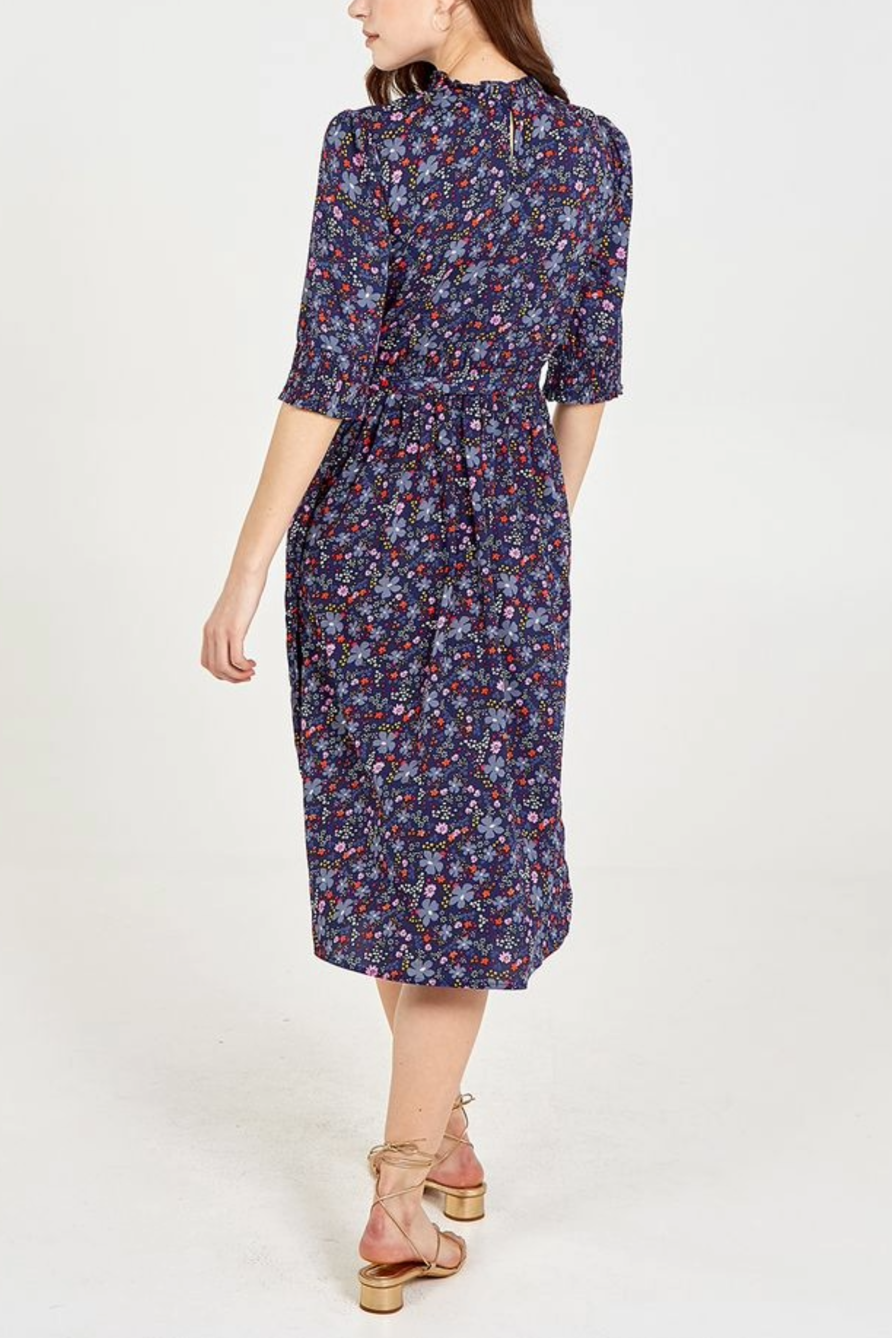 Floral Button Up Shirred Neck Midi Dress