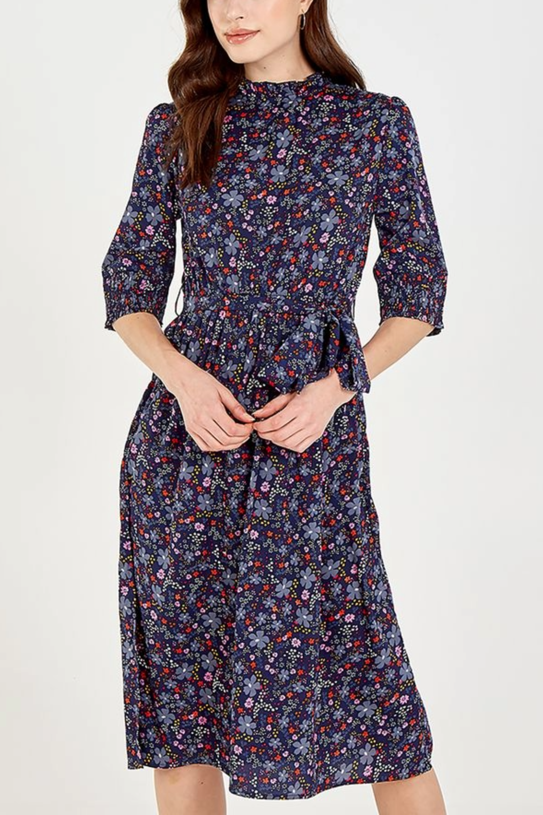 Floral Button Up Shirred Neck Midi Dress