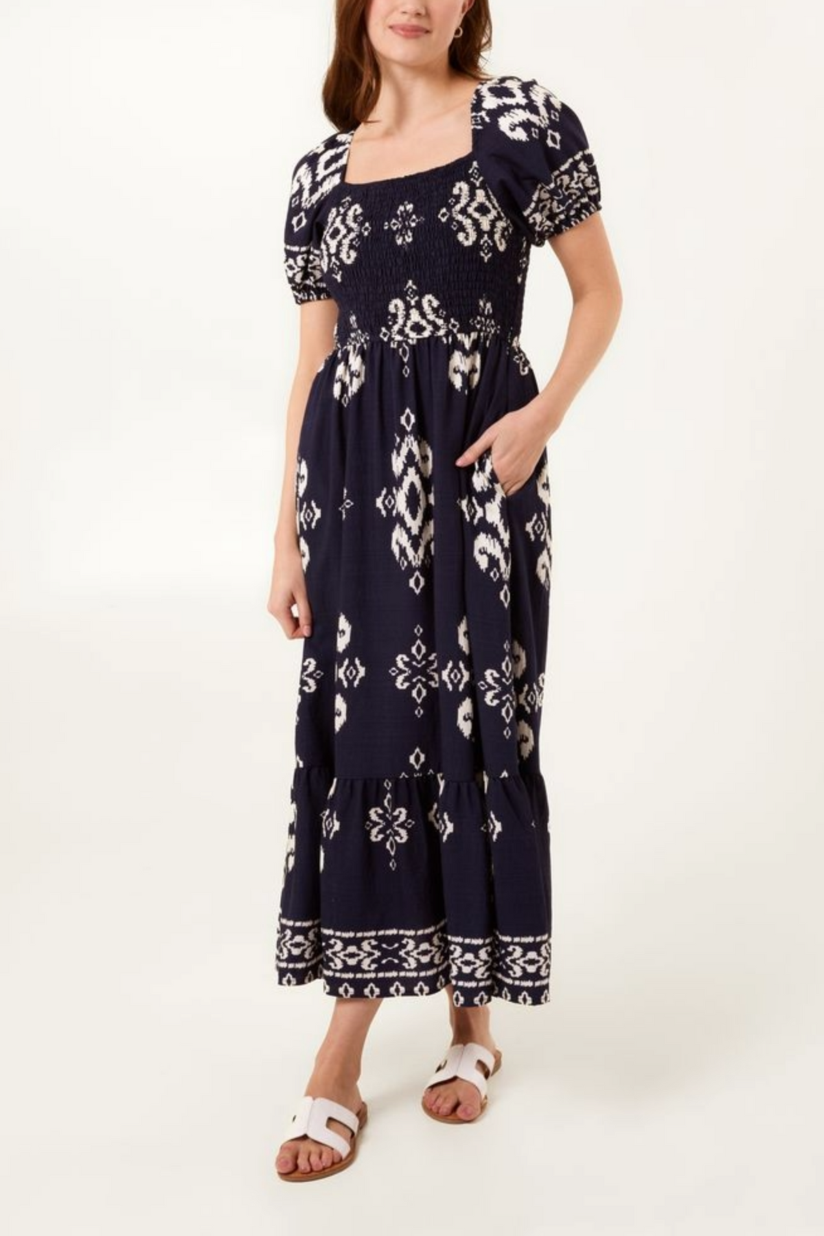 Ikat Print Square Neck Puff Sleeve Midi Dress