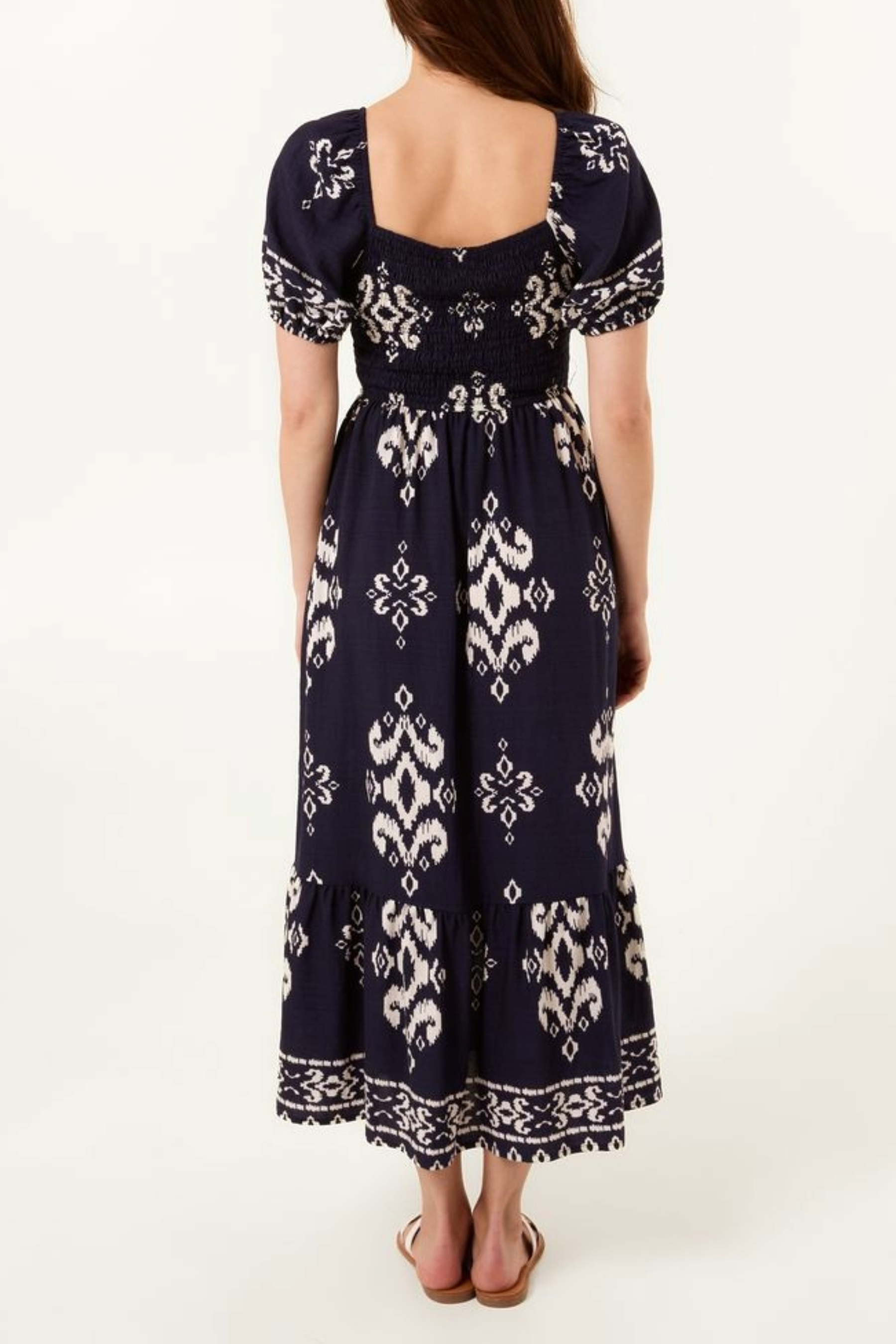 Ikat Print Square Neck Puff Sleeve Midi Dress