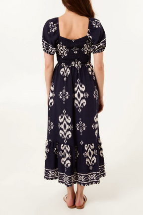 Ikat Print Square Neck Puff Sleeve Midi Dress