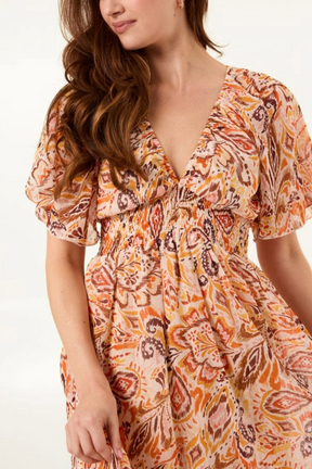 Paisley Print V-Neck Shirred Mini Dress