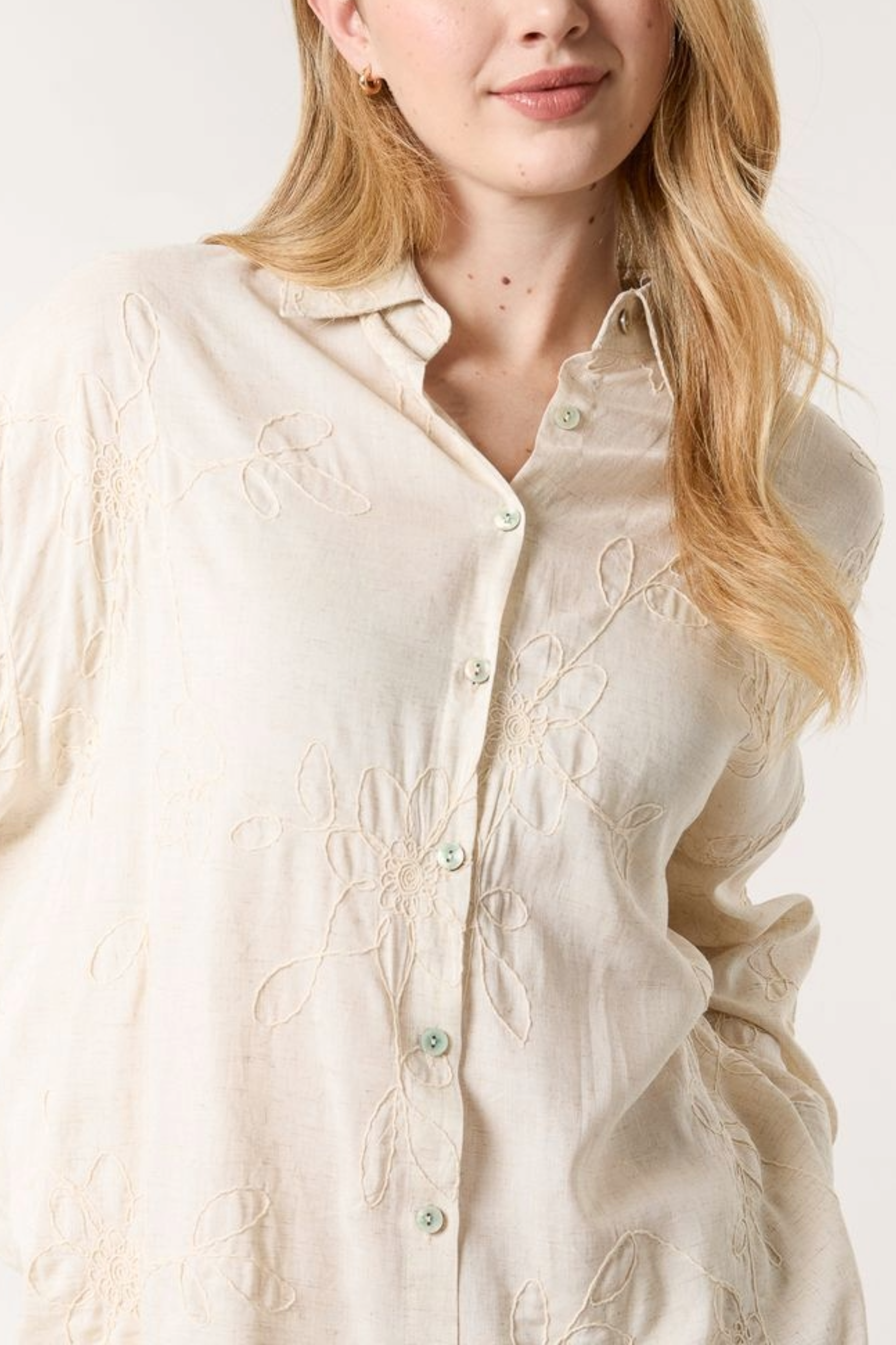 Flower Embroidered Linen Shirt