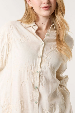 Flower Embroidered Linen Shirt