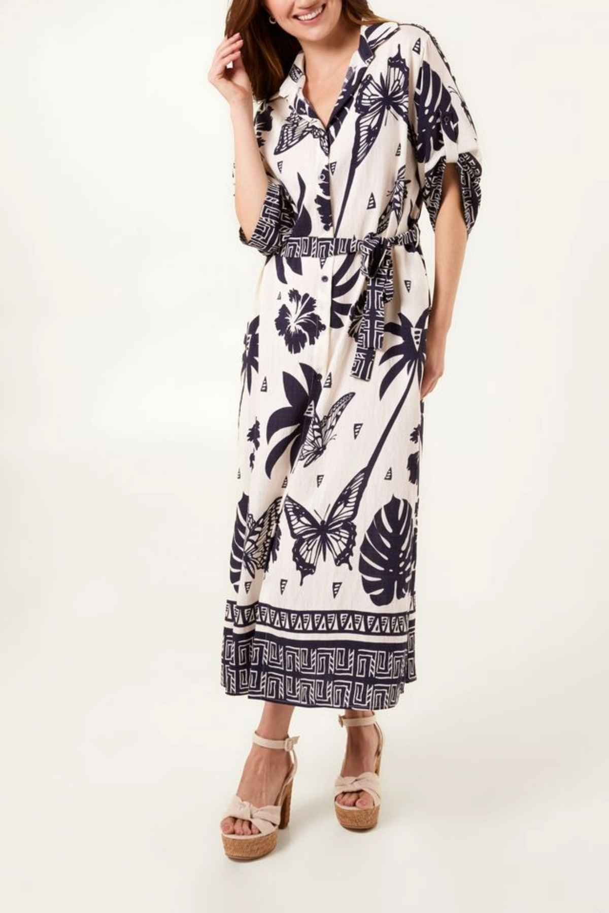 Tropical Butterfly Print Button Front Dress