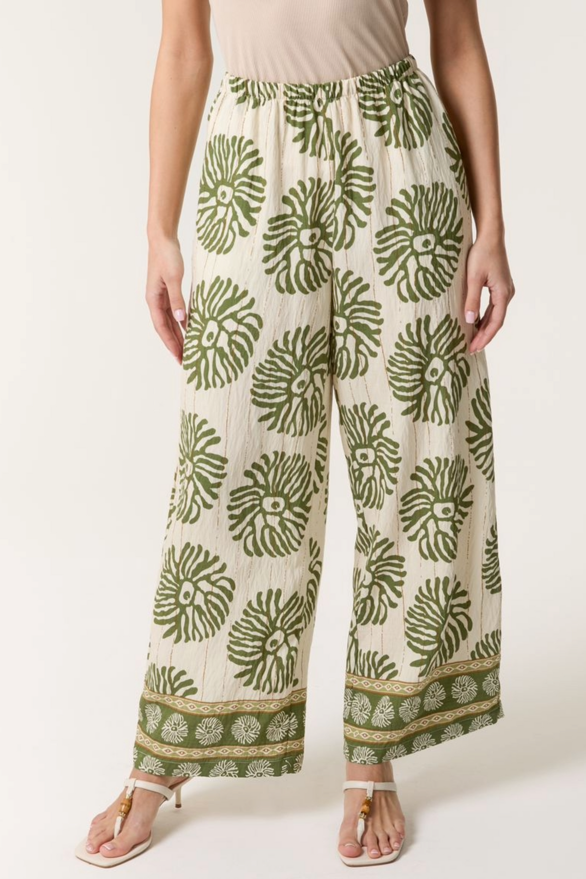 Printed & Gold Detail Wide Leg Trousers