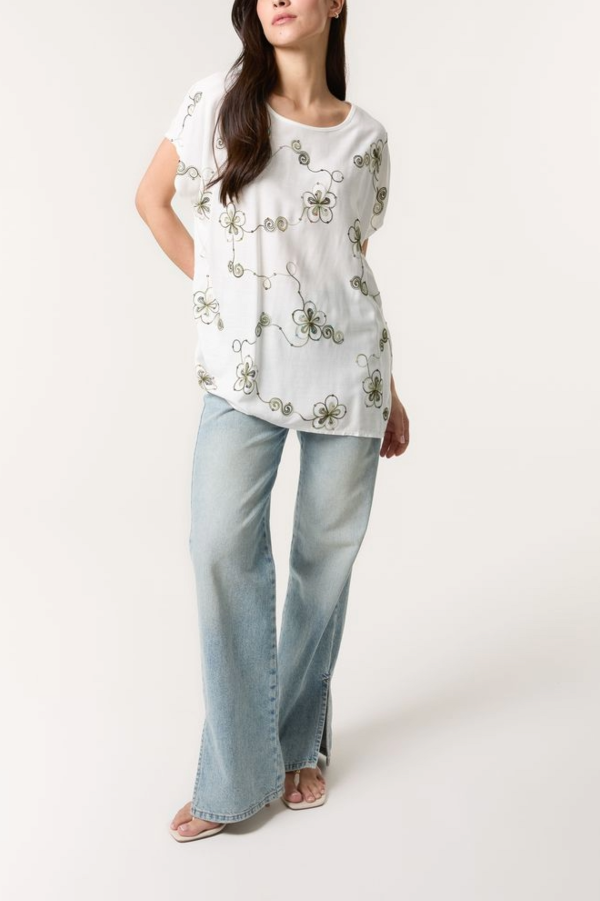 Sequin Embroidered Flower Round Neck Top