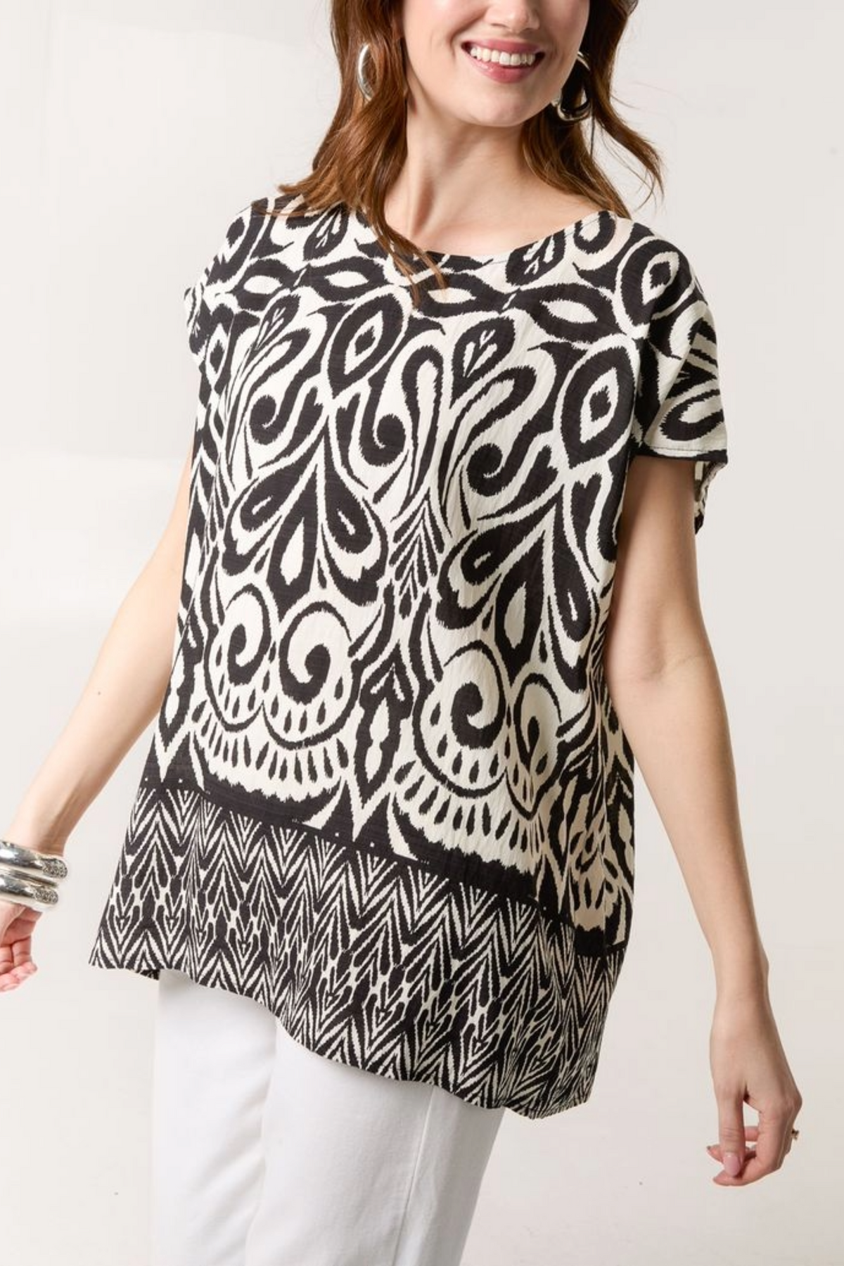 Ikat Print Round Neck Top