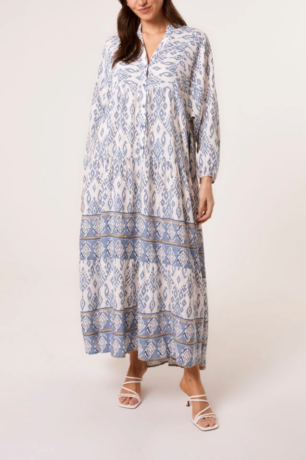 Ikat Print Collar Smock Maxi Dress