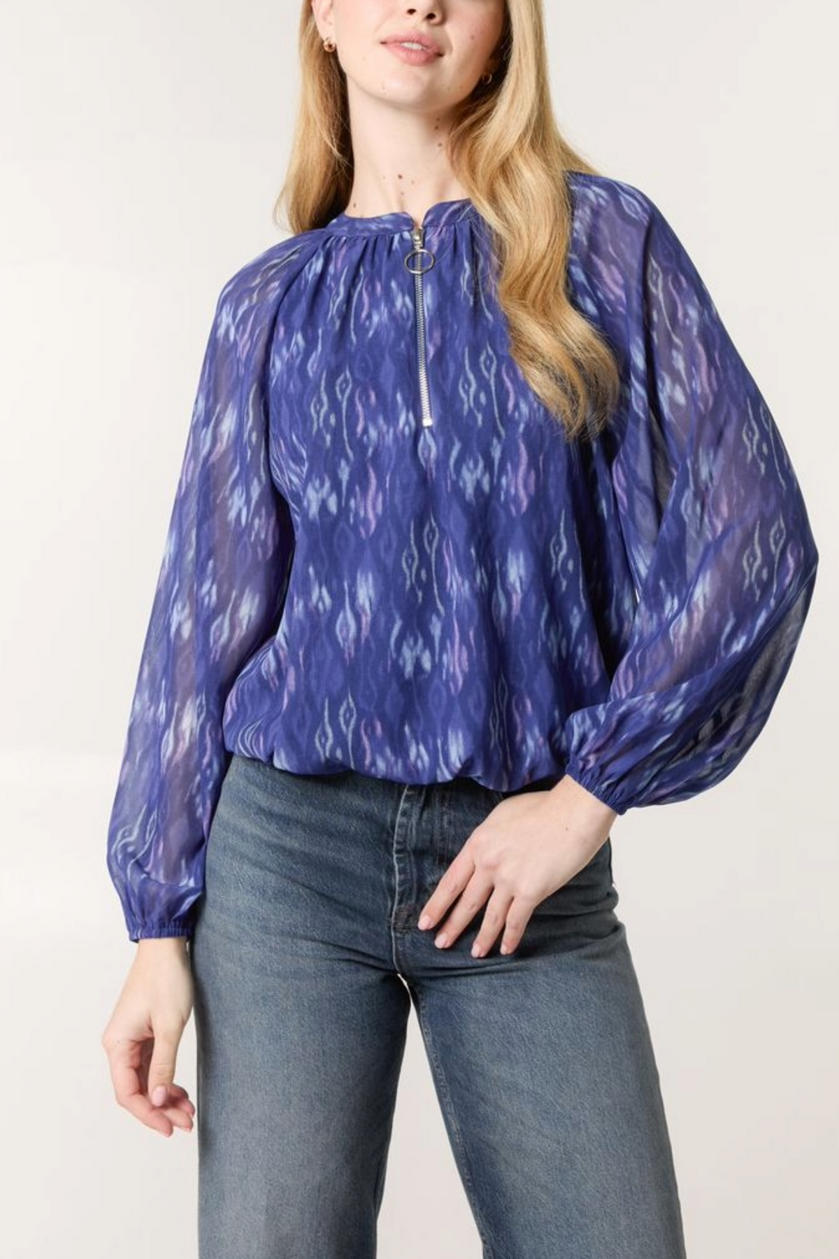 Ikat Print Half Zip Puffball Top