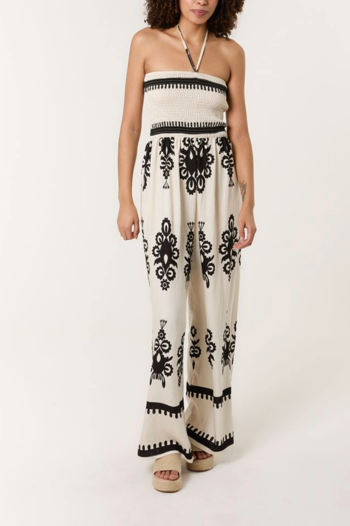 Shirred Bodice Halterneck Printed Jumpsuit