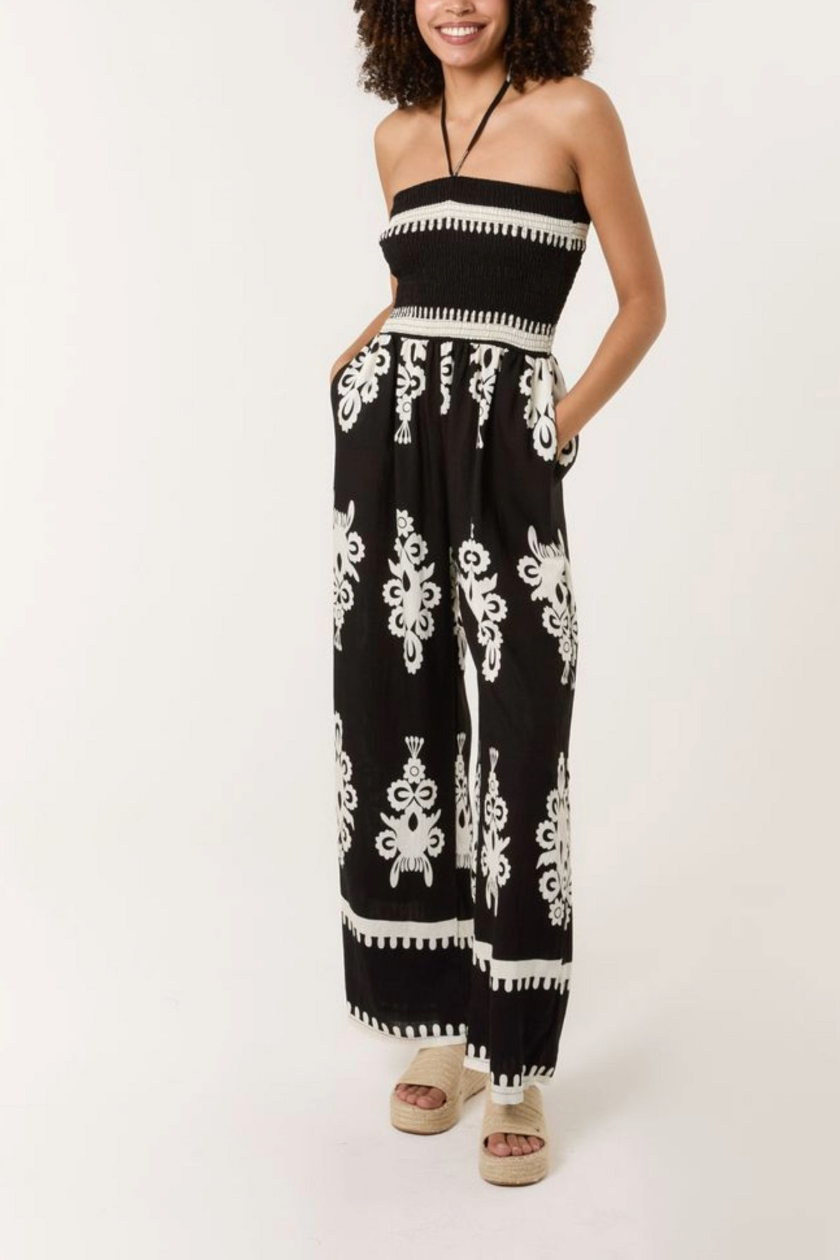 Shirred Bodice Halterneck Printed Jumpsuit