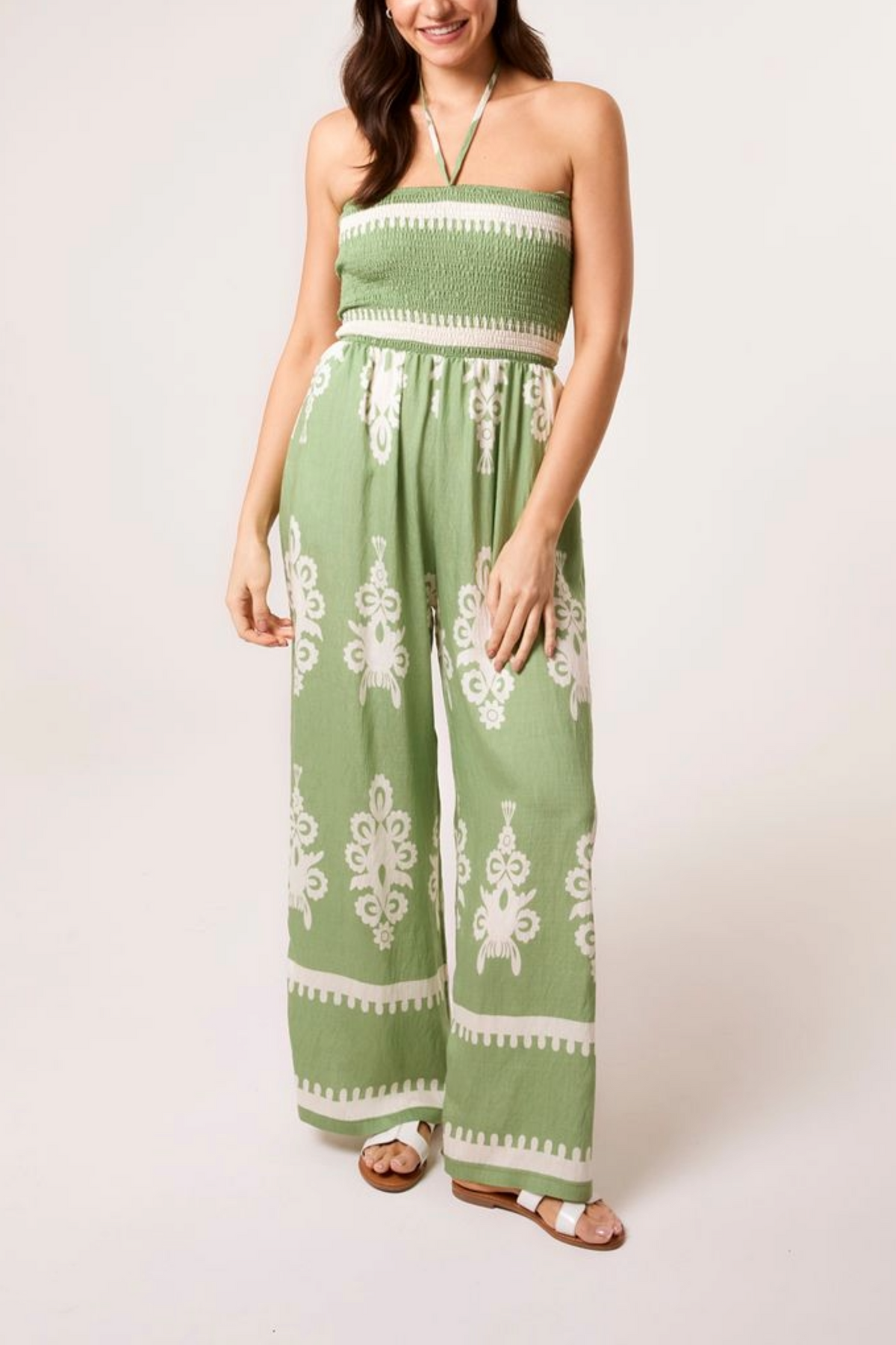 Shirred Bodice Halterneck Printed Jumpsuit