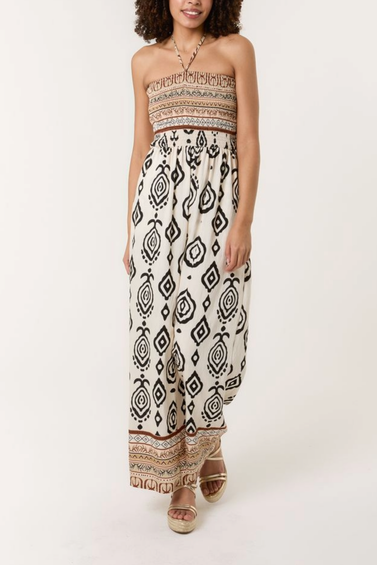 Tribal Print Shirred Bodice Halterneck Jumpsuit