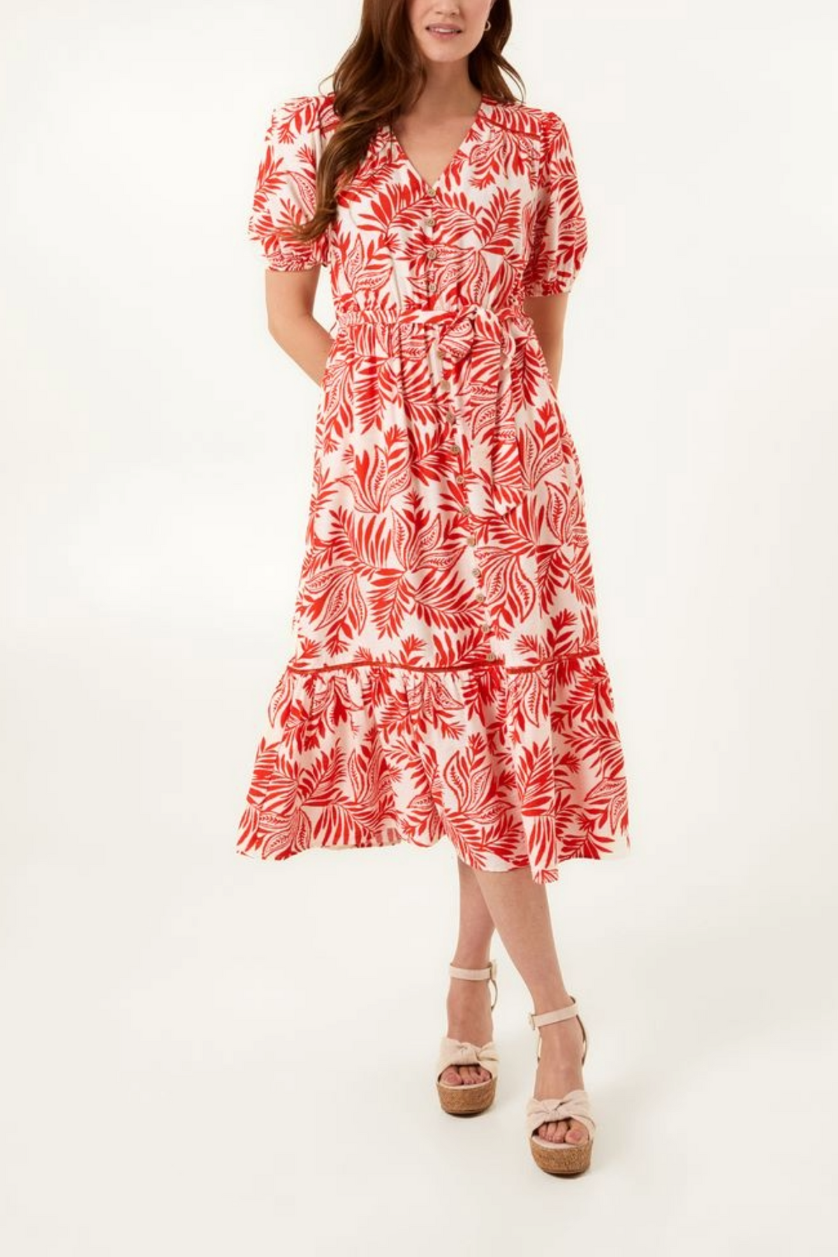 Leaf Print Coconut Button Midi Dress