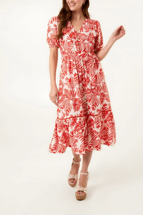 Leaf Print Coconut Button Midi Dress