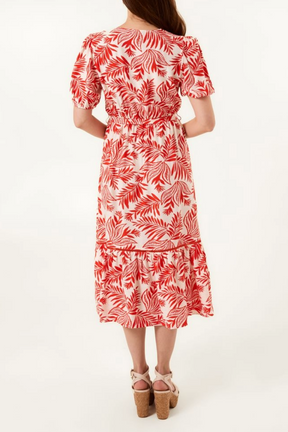 Leaf Print Coconut Button Midi Dress