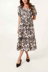 Leaf Print Coconut Button Midi Dress