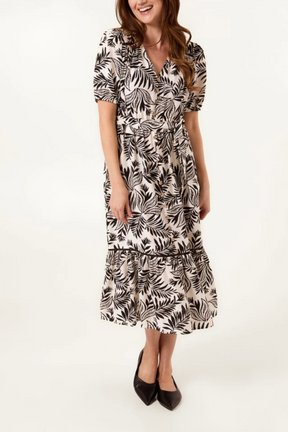 Leaf Print Coconut Button Midi Dress