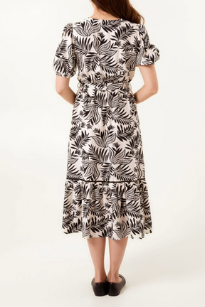 Leaf Print Coconut Button Midi Dress