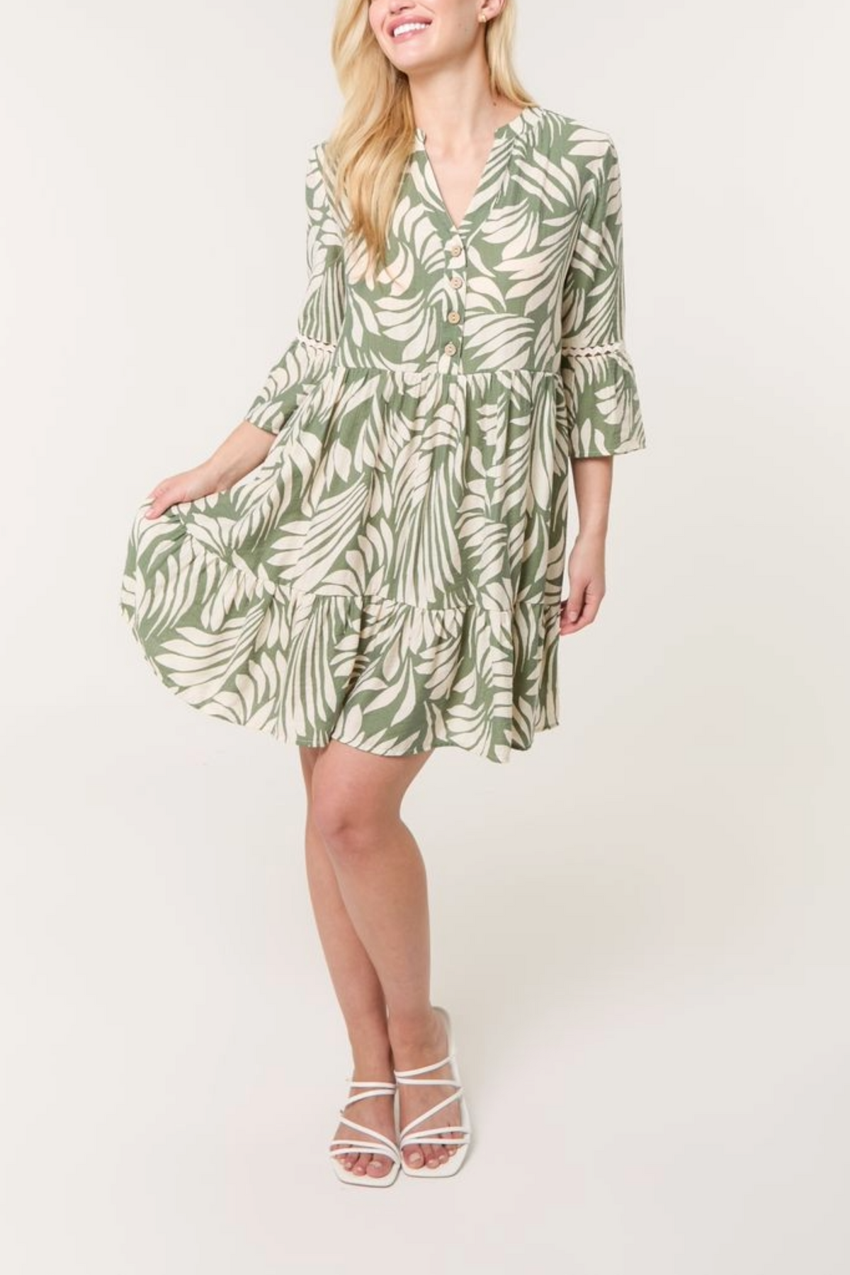 Leaf Print Open Collar Smock Dress