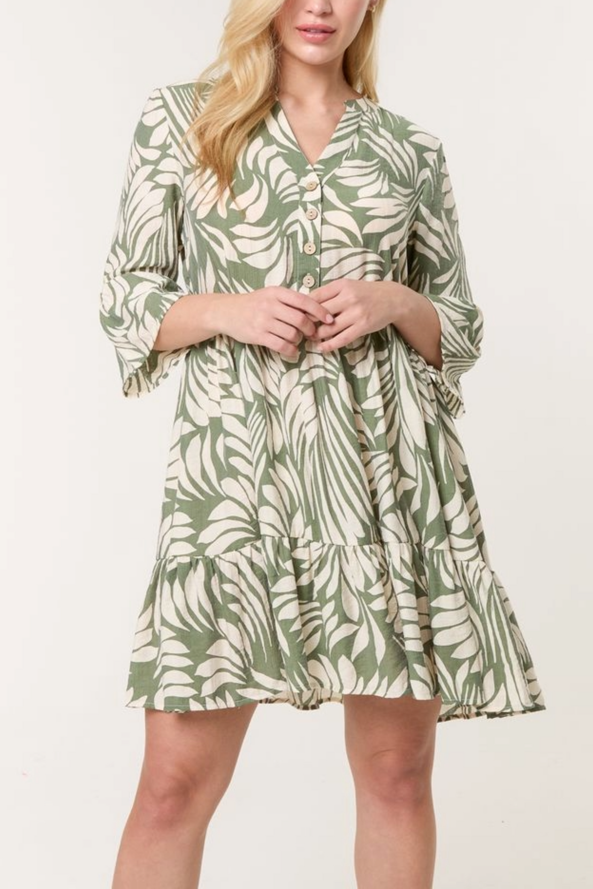 Leaf Print Open Collar Smock Dress