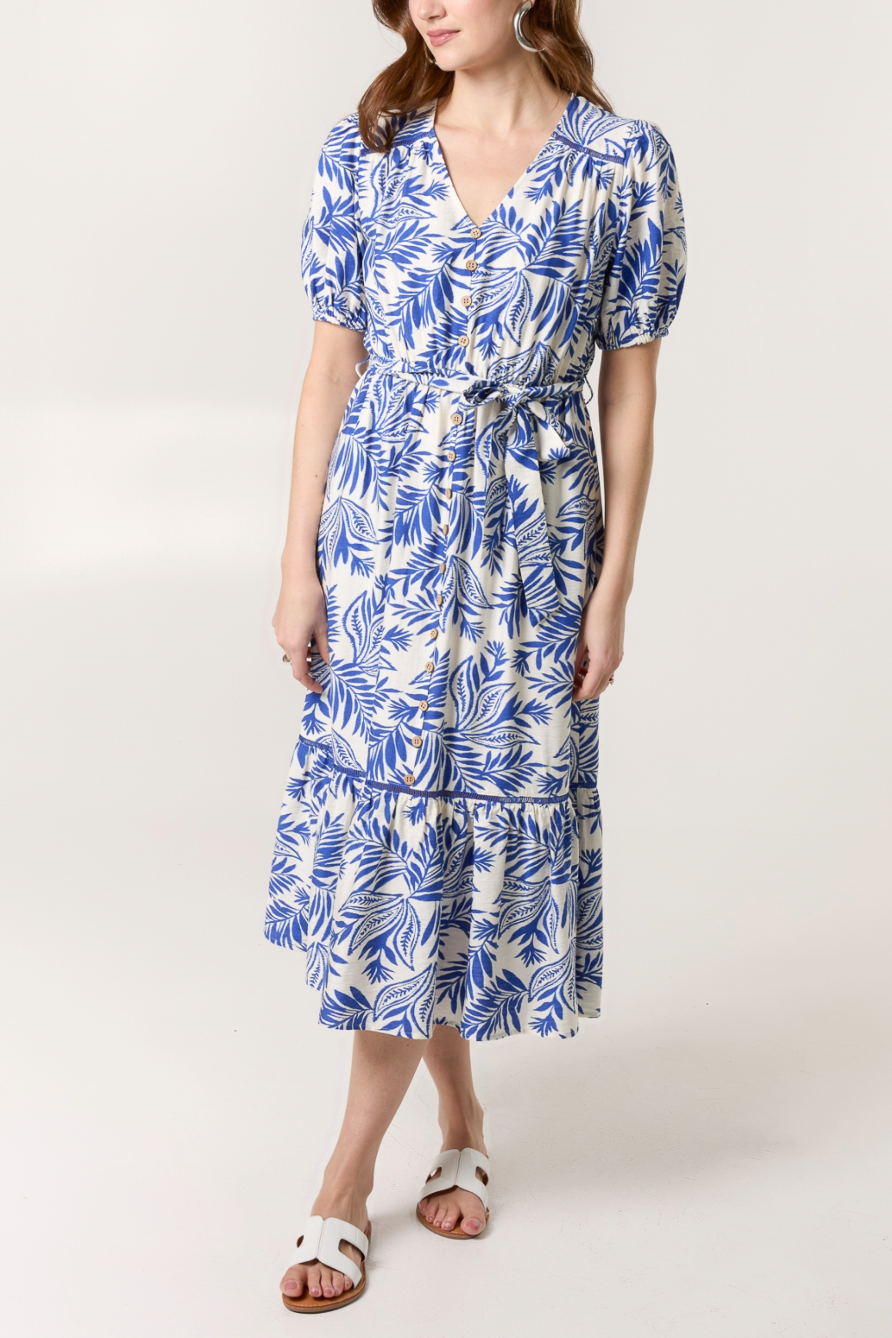 Leaf Print Coconut Button Midi Dress