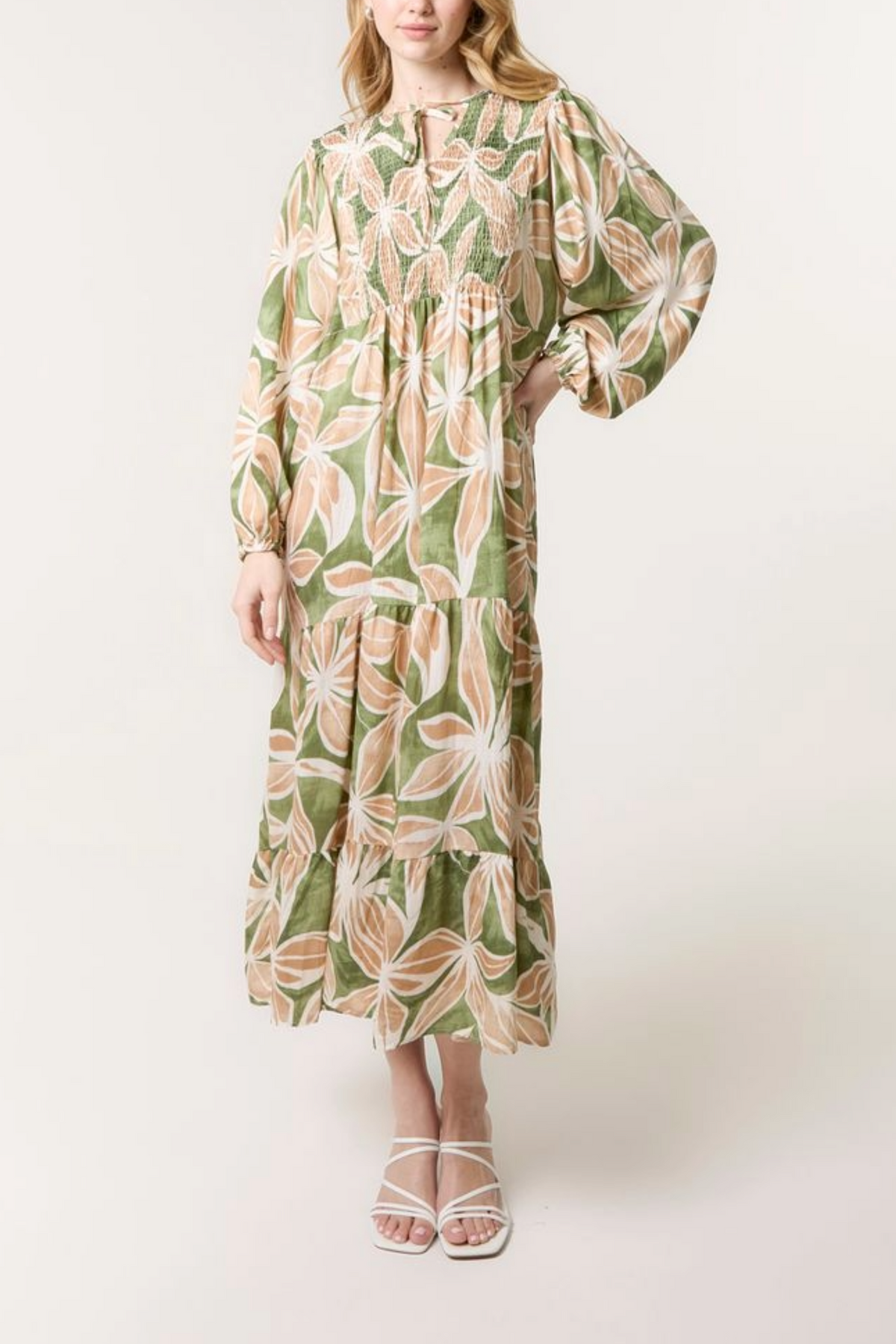 Tie-Neck Tropical Floral Maxi Dress