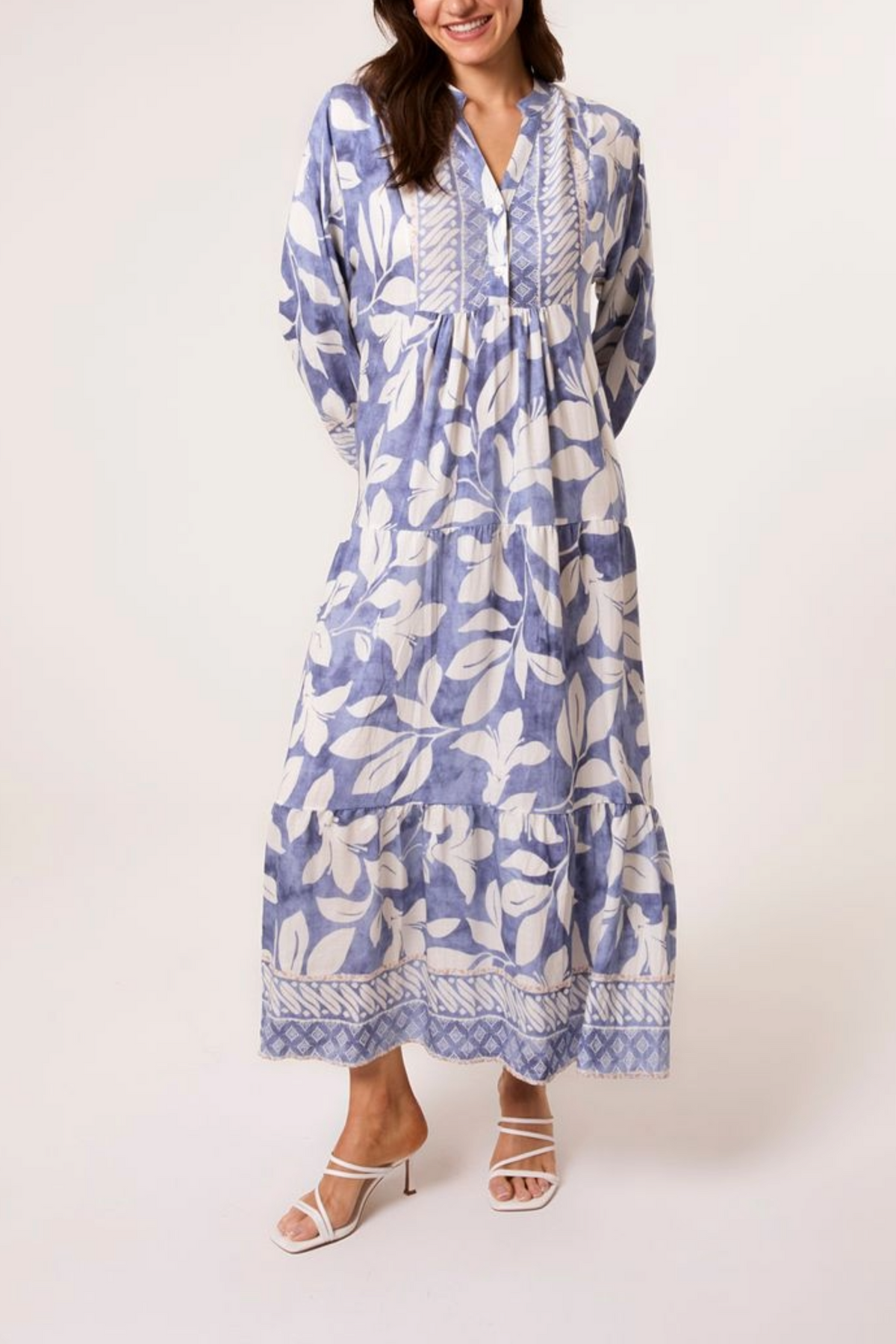 Leaf Print Open Collar Maxi Dress