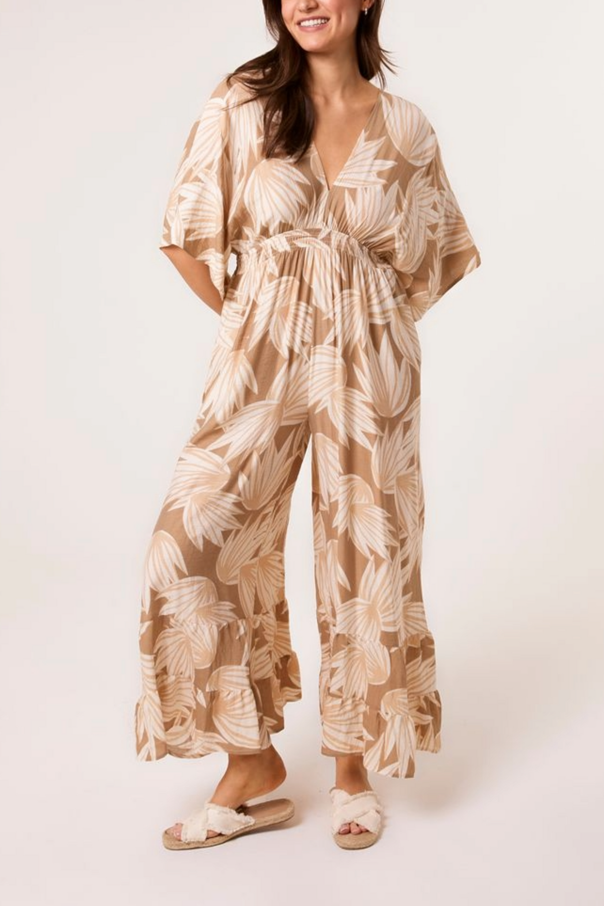 Palm Leaf Print Wide Leg Jumpsuit