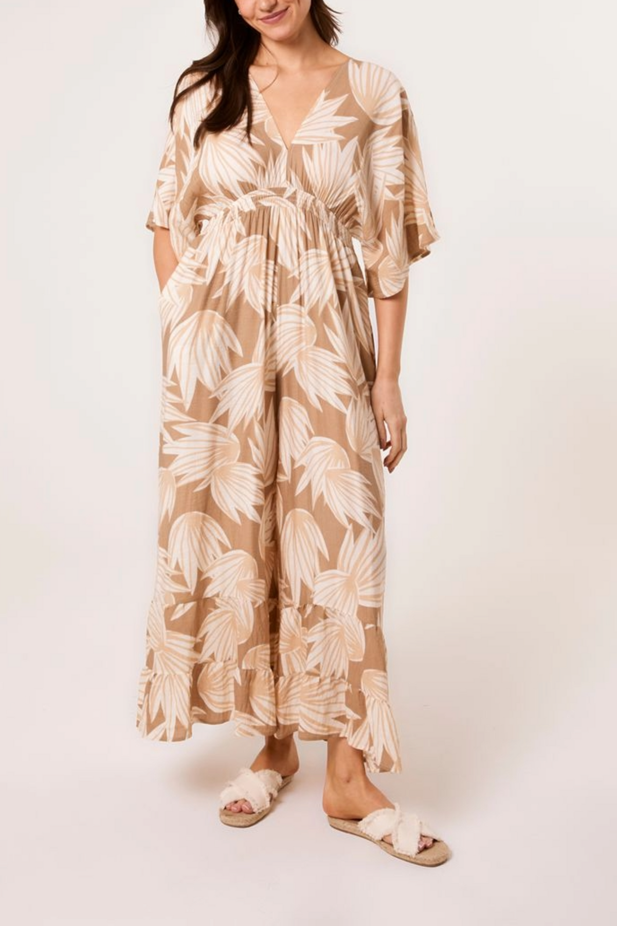 Palm Leaf Print Wide Leg Jumpsuit