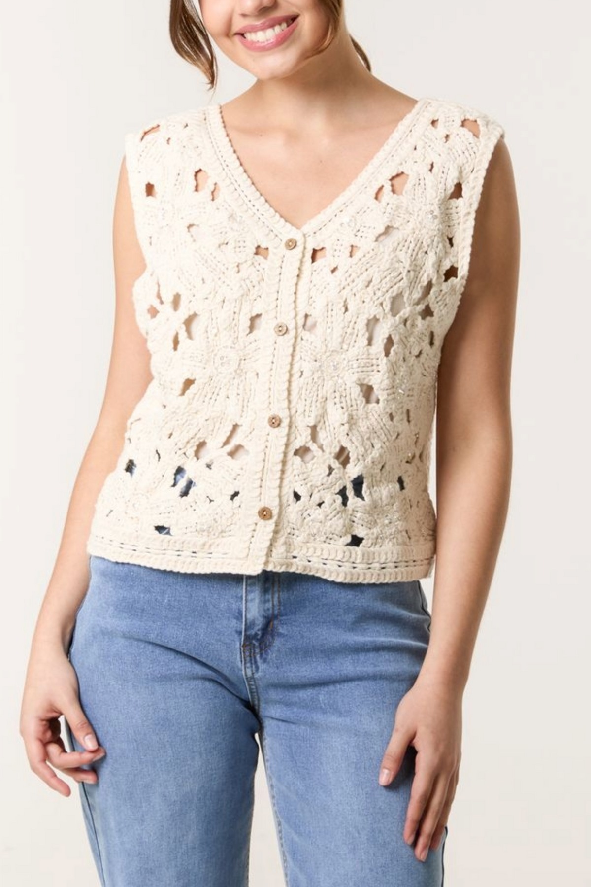 Floral Crochet V-Neck Vest