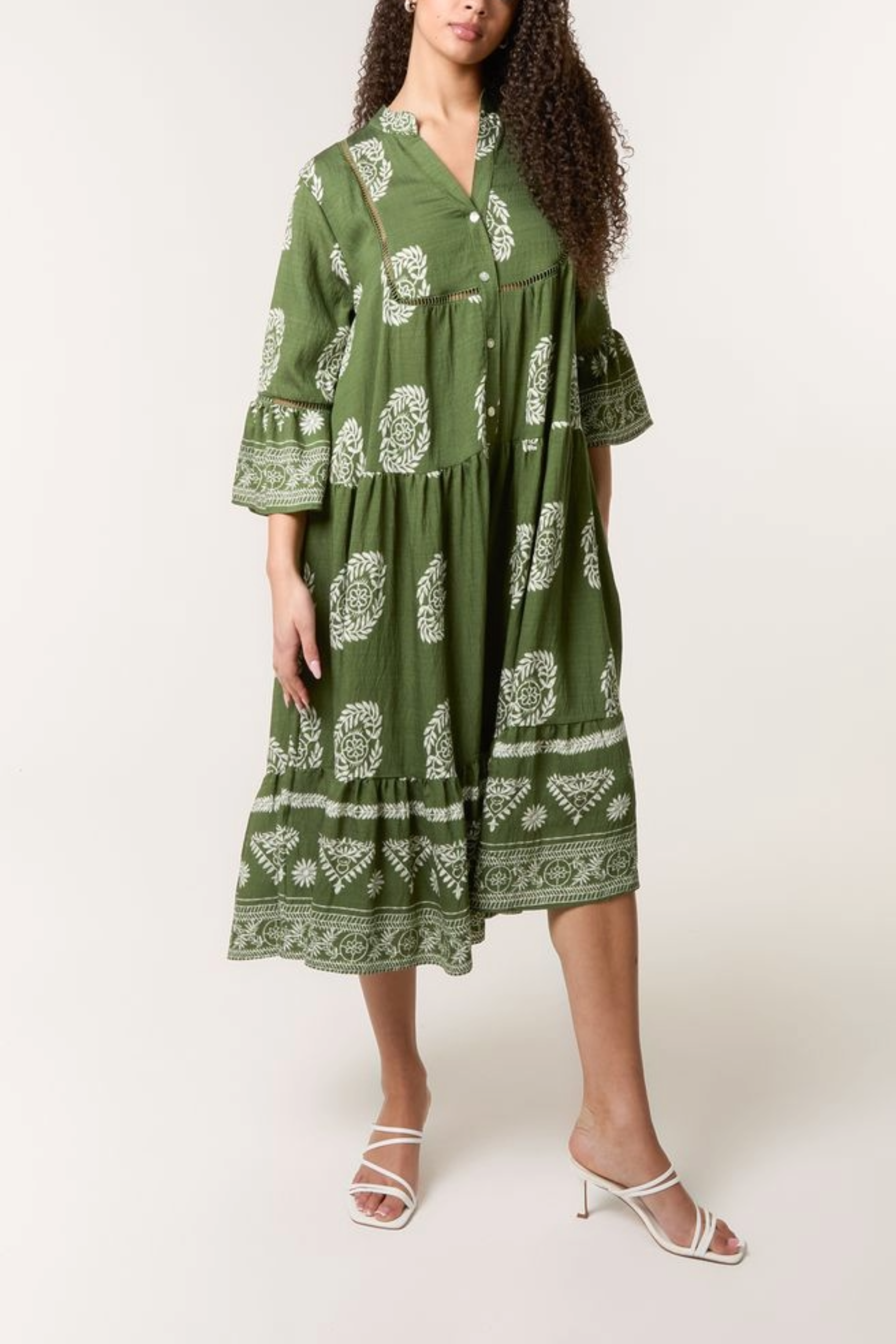 Wreath Print Button Smock Dress
