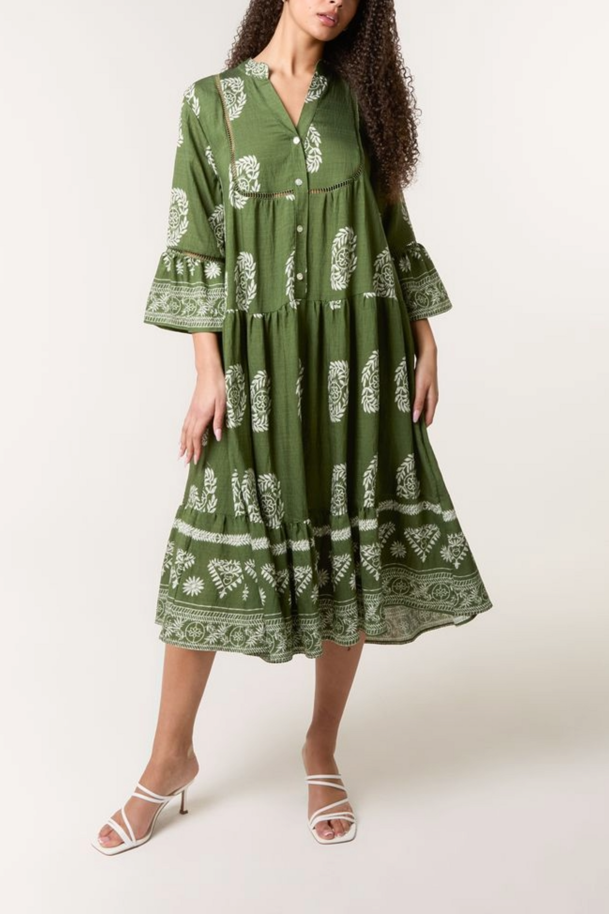 Wreath Print Button Smock Dress