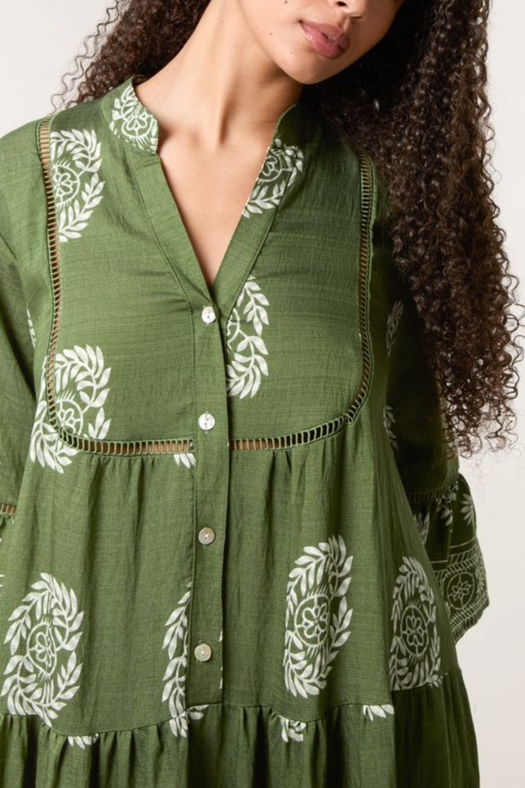 Wreath Print Button Smock Dress