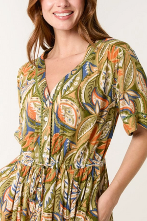 Leaf Border Print Button Dress