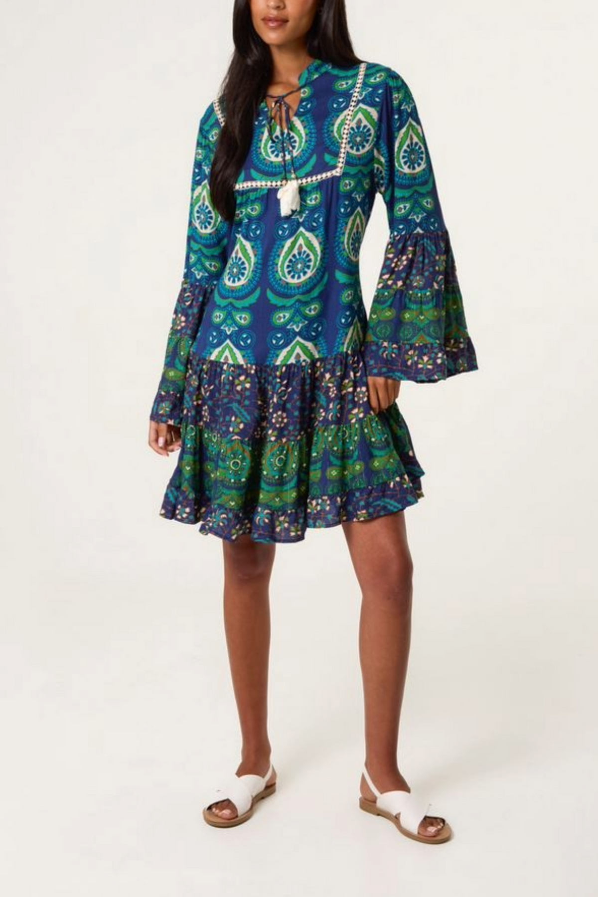 Boho Bell Sleeve Tassel Collar Dress