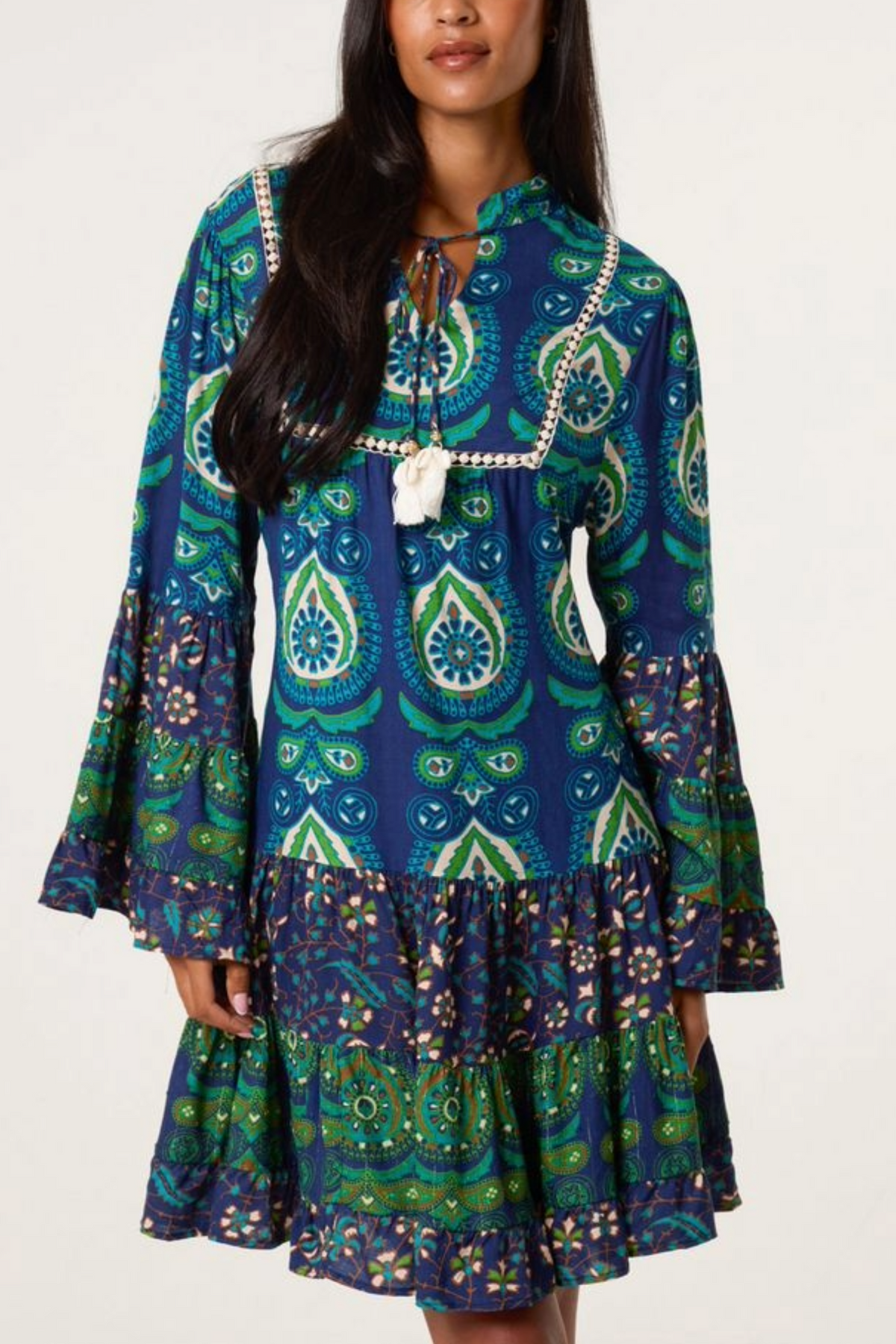 Boho Bell Sleeve Tassel Collar Dress