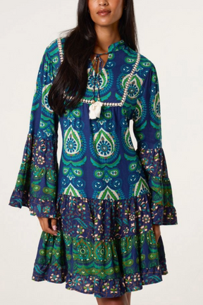 Boho Bell Sleeve Tassel Collar Dress