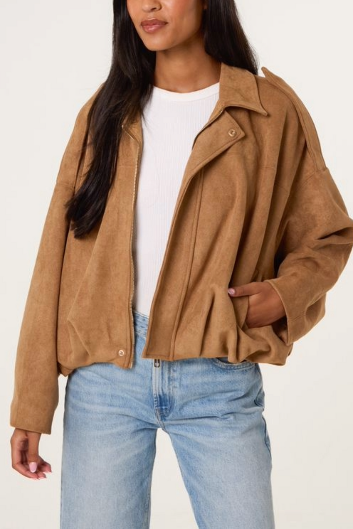 Suede Puffball Bomber Jacket